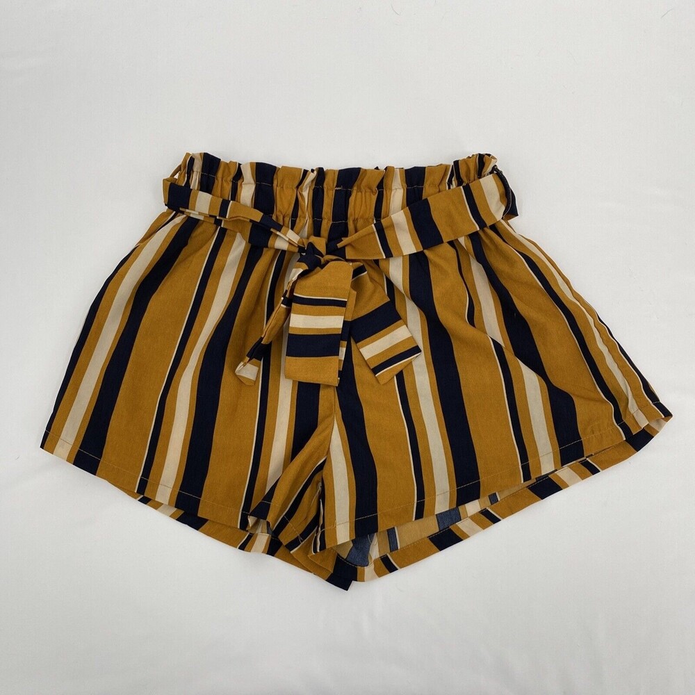 Shein Women Paperbag Waist Belted Shorts XS Extra Small Gold/Ivory/Navy Stripe